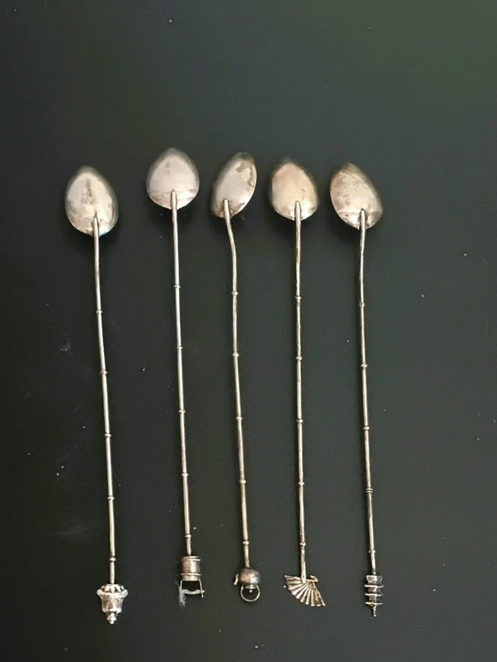 950 Set Of 5 Bamboo Ice Tea Spoons Antique Asian Sterling Silver